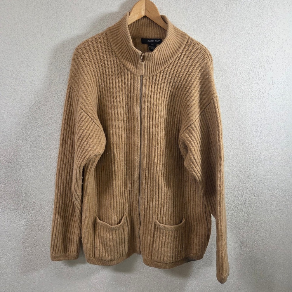 Slates Mens XL Lambswool Blend Full Zip Ribbed Cardigan Sweater Camel Brown Tan